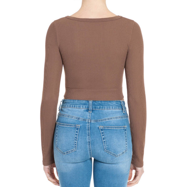 Timeless - RIBBED SEAMLESS SCOOP NECK LONG SLEEVE CROPPED TOP: DEEP RED / M/L