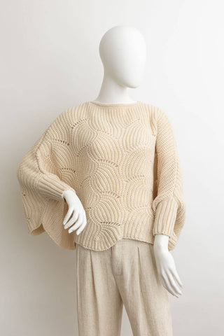 Leto Accessories - Ribbed Knit Pattern Poncho w/ Sleeves: Ivory