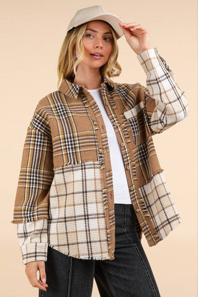 VERY J - NJ90261-Mixed Plaid Oversized Casual Shacket Jacket: IVORY / S-M-L/2-2-2