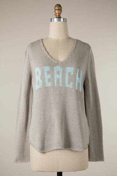 MIRACLE - Beach Saying Lightweight Knit V Neck Sweater: White / L