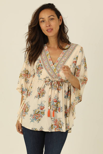 Nostalgia - N2S43-MN63 V NECK TASSEL TIE WAIST KAFTAN BLOUSE: XL