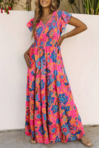 Aapparella - Women Boho Floral V Neck Ruffle Tiered Maxi Dress | S-XL: Missy / M / Multi-Colored