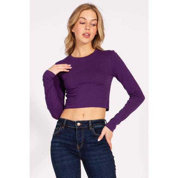 Timeless - Round Neck Long Sleeve Crop Shirt Top: GREEN / M