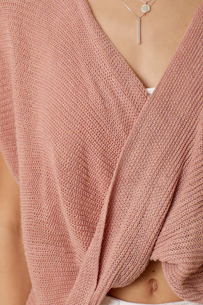 Mystree - 60559 Surplice Neck Sweater Top: Medium / Rose