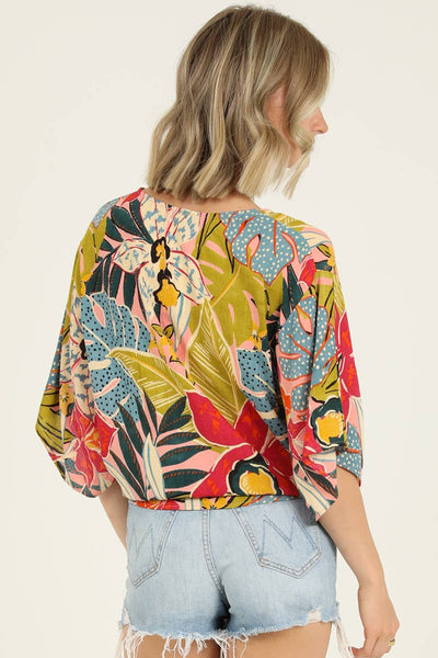 Nostalgia - N2Q81-A865 V NECK KIMONO SLEEVE TIE WAIST BLOUSE: XL