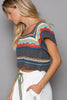 Pol Clothing - Cropped Handmade Ethnic Square Neck Sweater Top SALE: OATMEAL MULTI / L