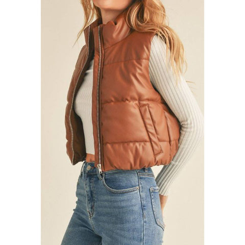 Timeless - FAUX LEATHER HIGH NECK ZIP UP PUFFER VEST: COGNAC / S-M-L(2-2-2)