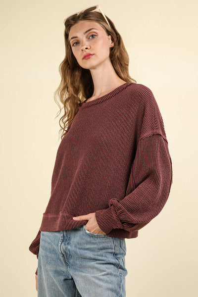 VERY J - NT11947-Two Tone Otto Ribbed Oversized Soft Comfy knit Top: MOSS / S-M-L/2-2-2