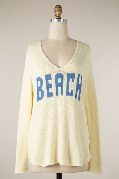 MIRACLE - Beach Saying Lightweight Knit V Neck Sweater: Grey Blue / S