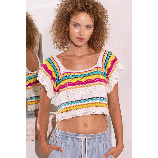 Pol Clothing - Cropped Handmade Ethnic Square Neck Sweater Top SALE: OATMEAL MULTI / S