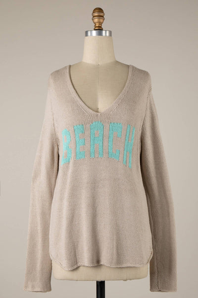 MIRACLE - Beach Saying Lightweight Knit V Neck Sweater: Khaki / S