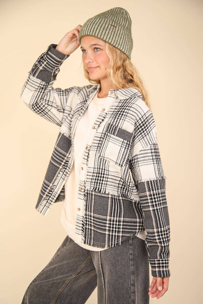 VERY J - NJ90261-Mixed Plaid Oversized Casual Shacket Jacket: IVORY / S-M-L/2-2-2