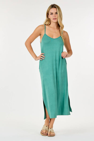 Shop Basic USA - Solid Long Dress With Spaghetti Straps: XL / DUSTY GREEN