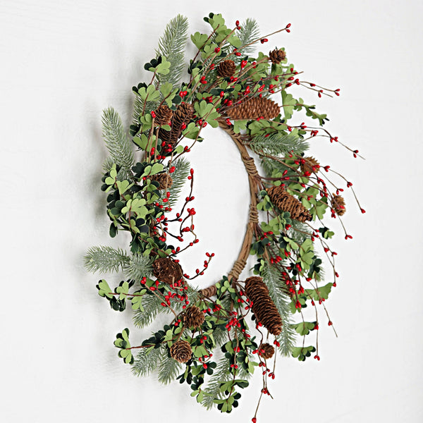 Impressive Enterprises, Inc. - 31590- 20in(9)Wreath-Needle pines w.snap leaves red pips-