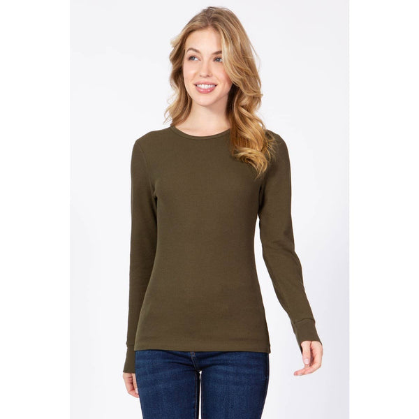 Timeless - Long Sleeve Round Neck Thermal Top Shirt: BLACK / M