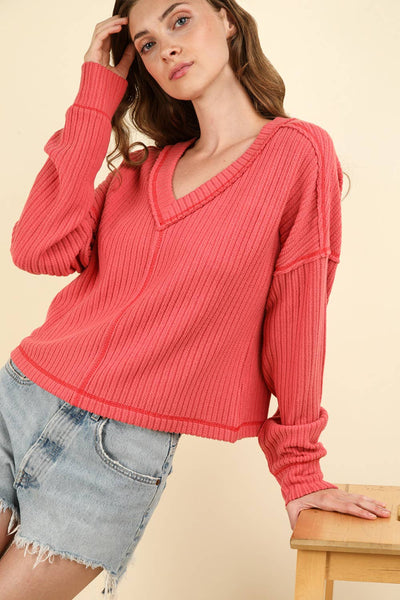 VERY J - NT11804-Casual Comfy Soft V-Neck Knit Top: ECRU / S-M-L/2-2-2