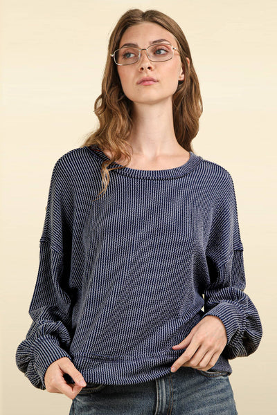 VERY J - NT11947-Two Tone Otto Ribbed Oversized Soft Comfy knit Top: MOSS / S-M-L/2-2-2