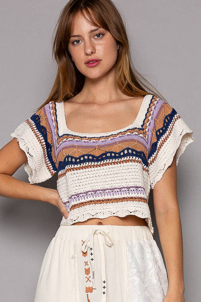 Pol Clothing - Cropped Handmade Ethnic Square Neck Sweater Top SALE: OATMEAL MULTI / L