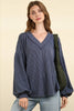 VERY J - NT11946-Two Tone Otto Ribbed V-Neck Oversized Knit Top: MOSS / S-M-L/2-2-2