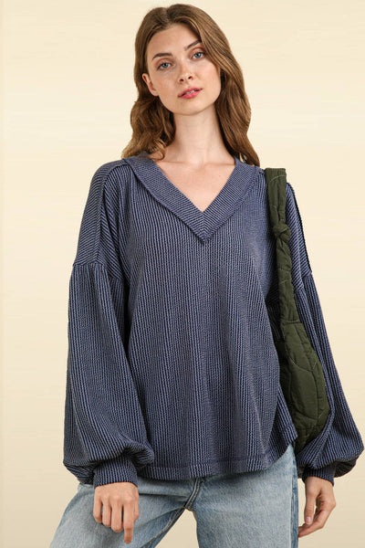 VERY J - NT11946-Two Tone Otto Ribbed V-Neck Oversized Knit Top: OATMEAL / S-M-L/2-2-2