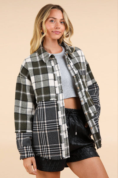 VERY J - NJ90261-Mixed Plaid Oversized Casual Shacket Jacket: OLIVE / S-M-L/2-2-2