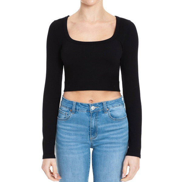 Timeless - RIBBED SEAMLESS SCOOP NECK LONG SLEEVE CROPPED TOP: BLACK / S/M