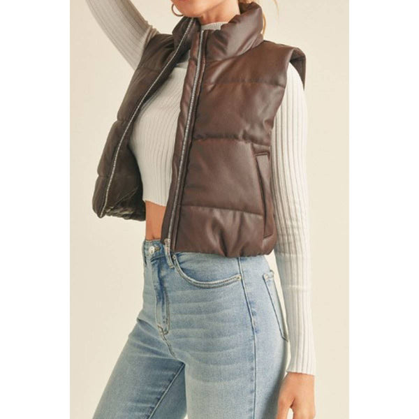 Timeless - FAUX LEATHER HIGH NECK ZIP UP PUFFER VEST: BLACK / S-M-L(2-2-2)