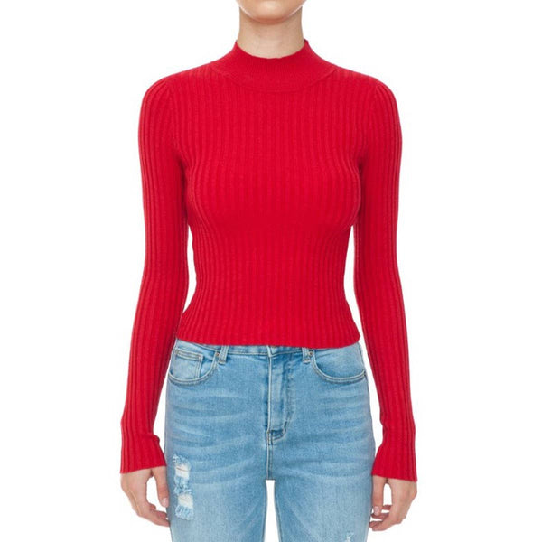 Timeless - Ribbed Mock Neck Long Sleeve Sweater Top: IVORY / L