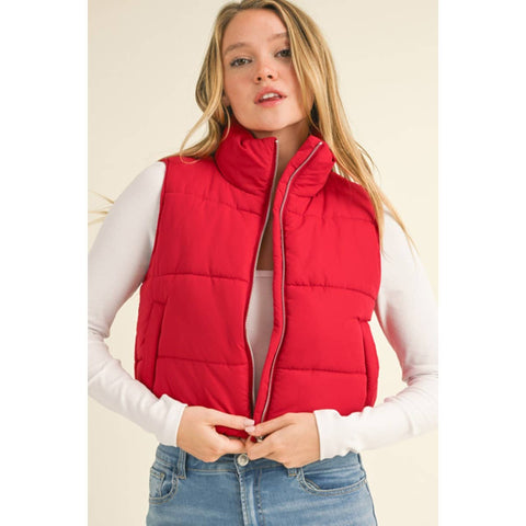 Timeless - High Neck Zip Up Outerwear Vest: DEEP RED / M