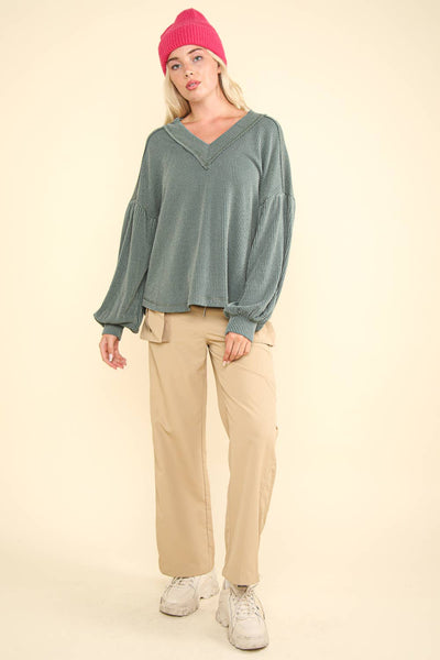 VERY J - NT11946-Two Tone Otto Ribbed V-Neck Oversized Knit Top: MOSS / S-M-L/2-2-2