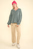 VERY J - NT11946-Two Tone Otto Ribbed V-Neck Oversized Knit Top: OATMEAL / S-M-L/2-2-2