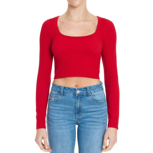 Timeless - RIBBED SEAMLESS SCOOP NECK LONG SLEEVE CROPPED TOP: BLACK / M/L