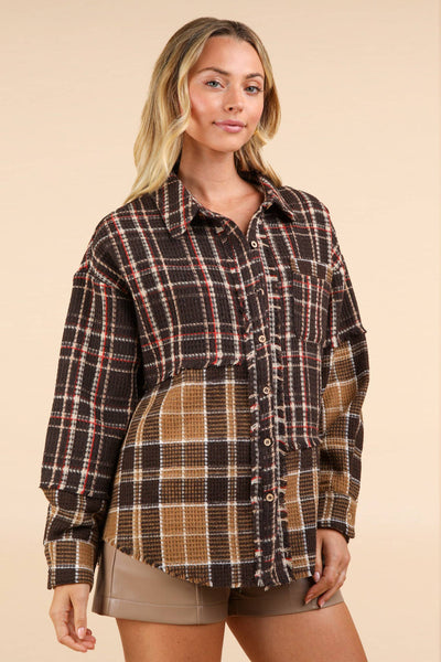 VERY J - NJ90261-Mixed Plaid Oversized Casual Shacket Jacket: IVORY / S-M-L/2-2-2