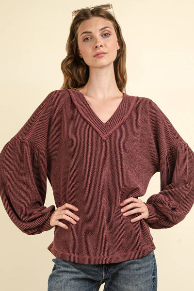 VERY J - NT11946-Two Tone Otto Ribbed V-Neck Oversized Knit Top: MOSS / S-M-L/2-2-2