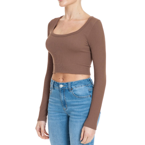 Timeless - RIBBED SEAMLESS SCOOP NECK LONG SLEEVE CROPPED TOP: DEEP RED / M/L