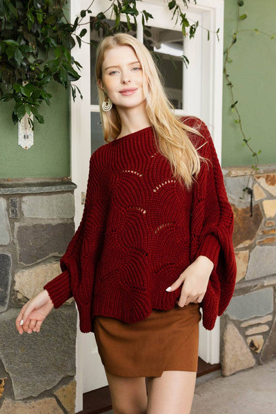 Leto Accessories - Ribbed Knit Pattern Poncho w/ Sleeves: Mocha