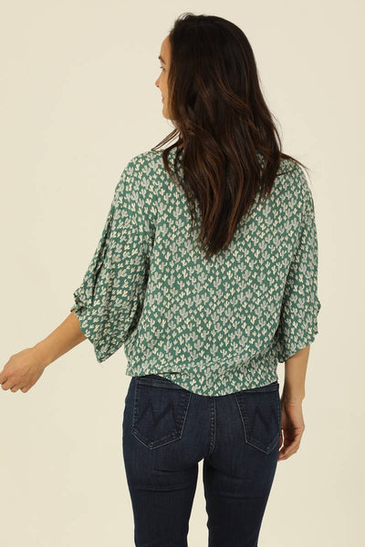 Nostalgia - N2Q81-W980 CACTUS PRINT V NECK KIMONO SLEEVE BLOUSE WITH TIE: M