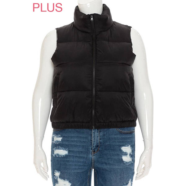 Timeless - PLUS Nylon High Neck Faux Down Puffer Vest: BLACK / 2X