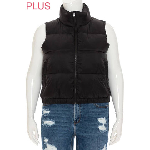 Timeless - PLUS Nylon High Neck Faux Down Puffer Vest: BLACK / 2X