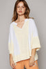 Pol Clothing - Oversize notched neck frayed edge contrast knit top SALE: M / LATTE/IVORY