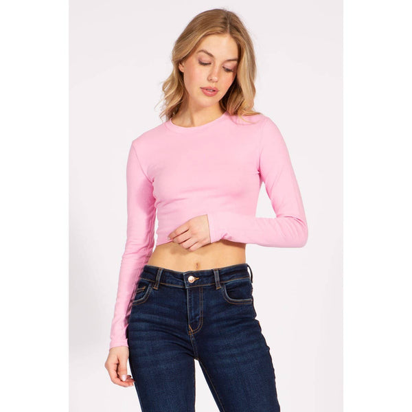 Timeless - Round Neck Long Sleeve Crop Shirt Top: GREEN / S