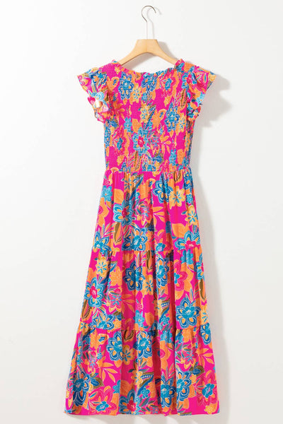 Aapparella - Women Boho Floral V Neck Ruffle Tiered Maxi Dress | S-XL: Missy / S / Multi-Colored