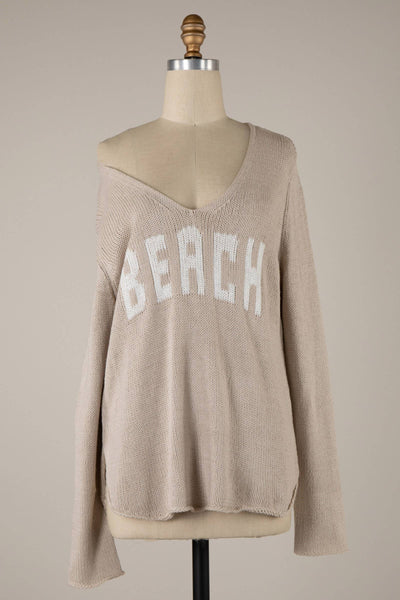 MIRACLE - Beach Saying Lightweight Knit V Neck Sweater: Khaki / L