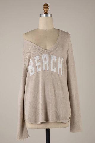 MIRACLE - Beach Saying Lightweight Knit V Neck Sweater: Khaki / S