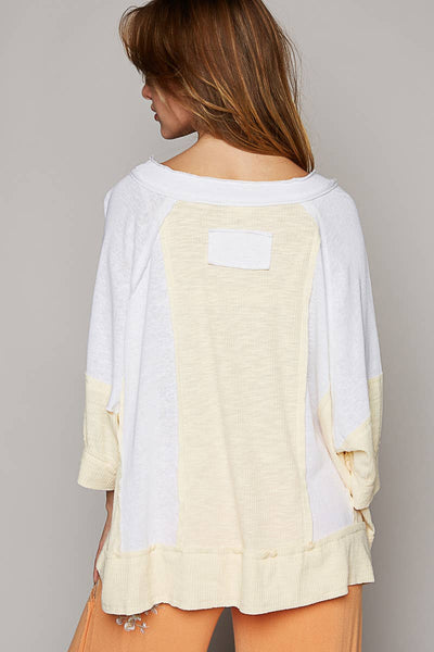 Pol Clothing - Oversize notched neck frayed edge contrast knit top SALE: L / LATTE/IVORY