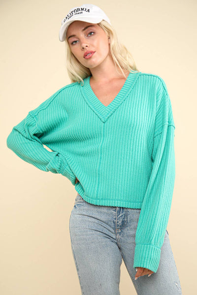 VERY J - NT11804-Casual Comfy Soft V-Neck Knit Top: ECRU / S-M-L/2-2-2