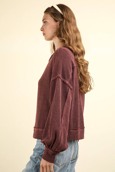 VERY J - NT11947-Two Tone Otto Ribbed Oversized Soft Comfy knit Top: MOSS / S-M-L/2-2-2