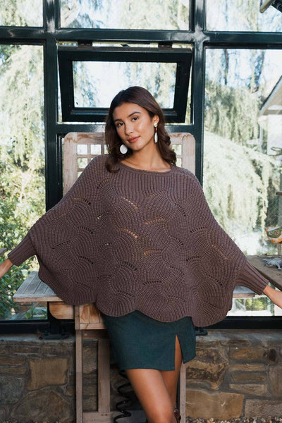 Leto Accessories - Ribbed Knit Pattern Poncho w/ Sleeves: Ivory