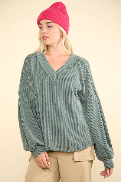 VERY J - NT11946-Two Tone Otto Ribbed V-Neck Oversized Knit Top: MOSS / S-M-L/2-2-2