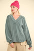 VERY J - NT11946-Two Tone Otto Ribbed V-Neck Oversized Knit Top: WINE / S-M-L/2-2-2